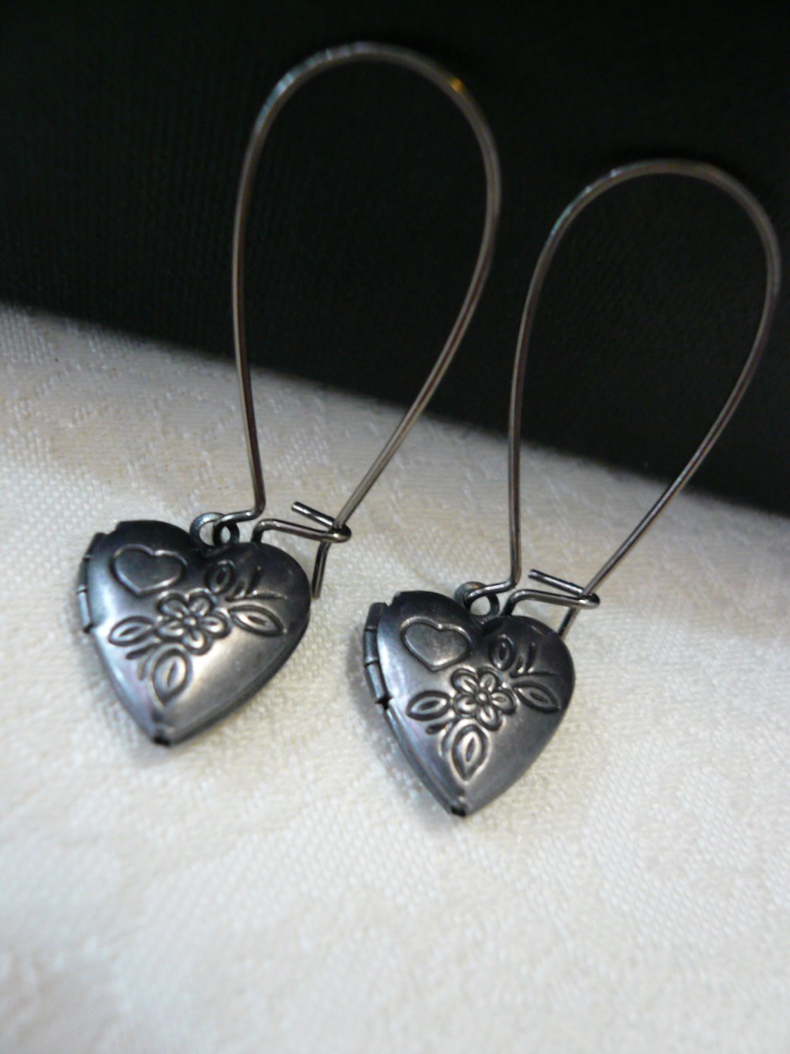 Flower Heart Locket Gunmetal Earrings