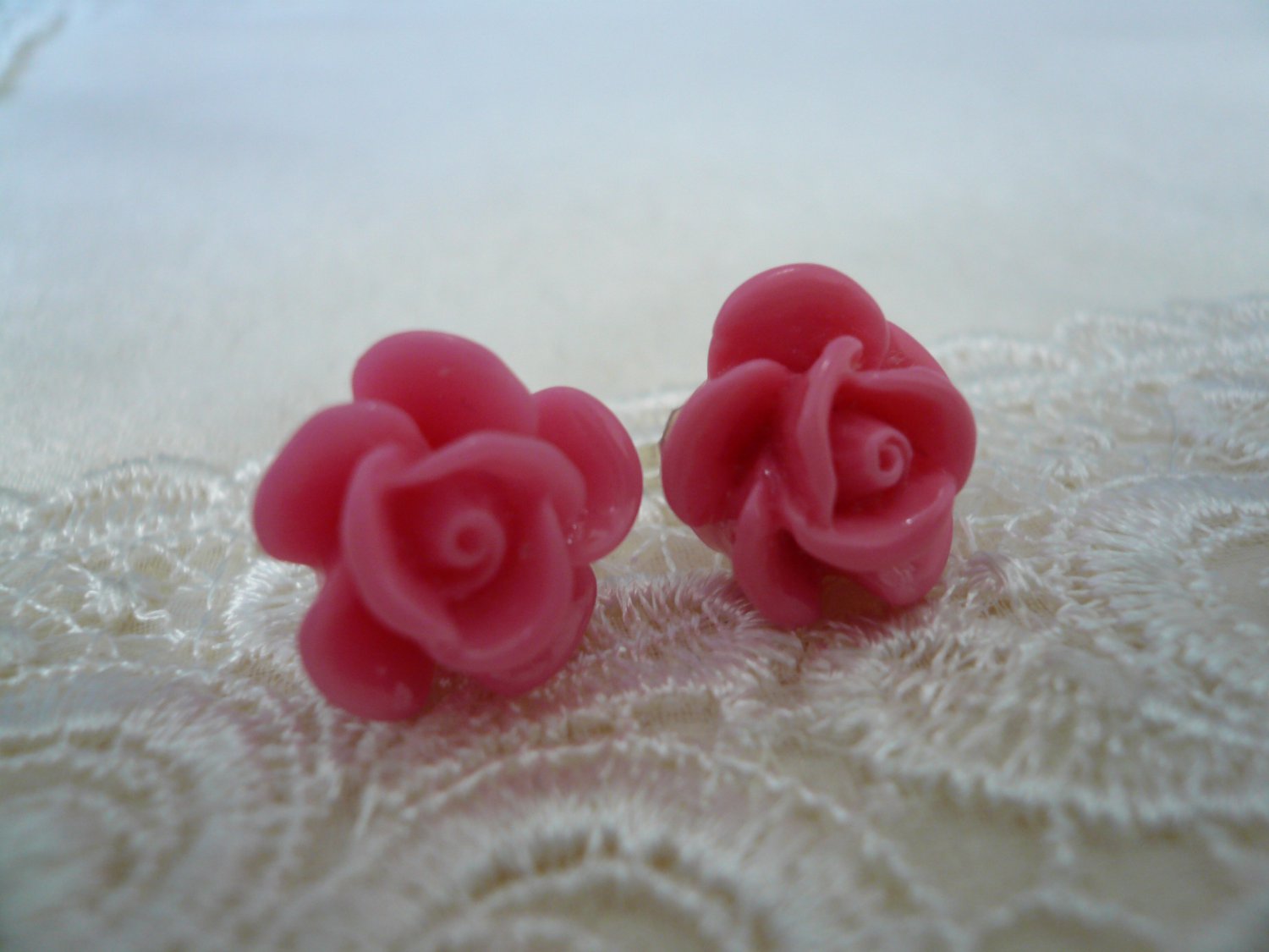 Cerise Pink Rose Flower Post Stud Earrings