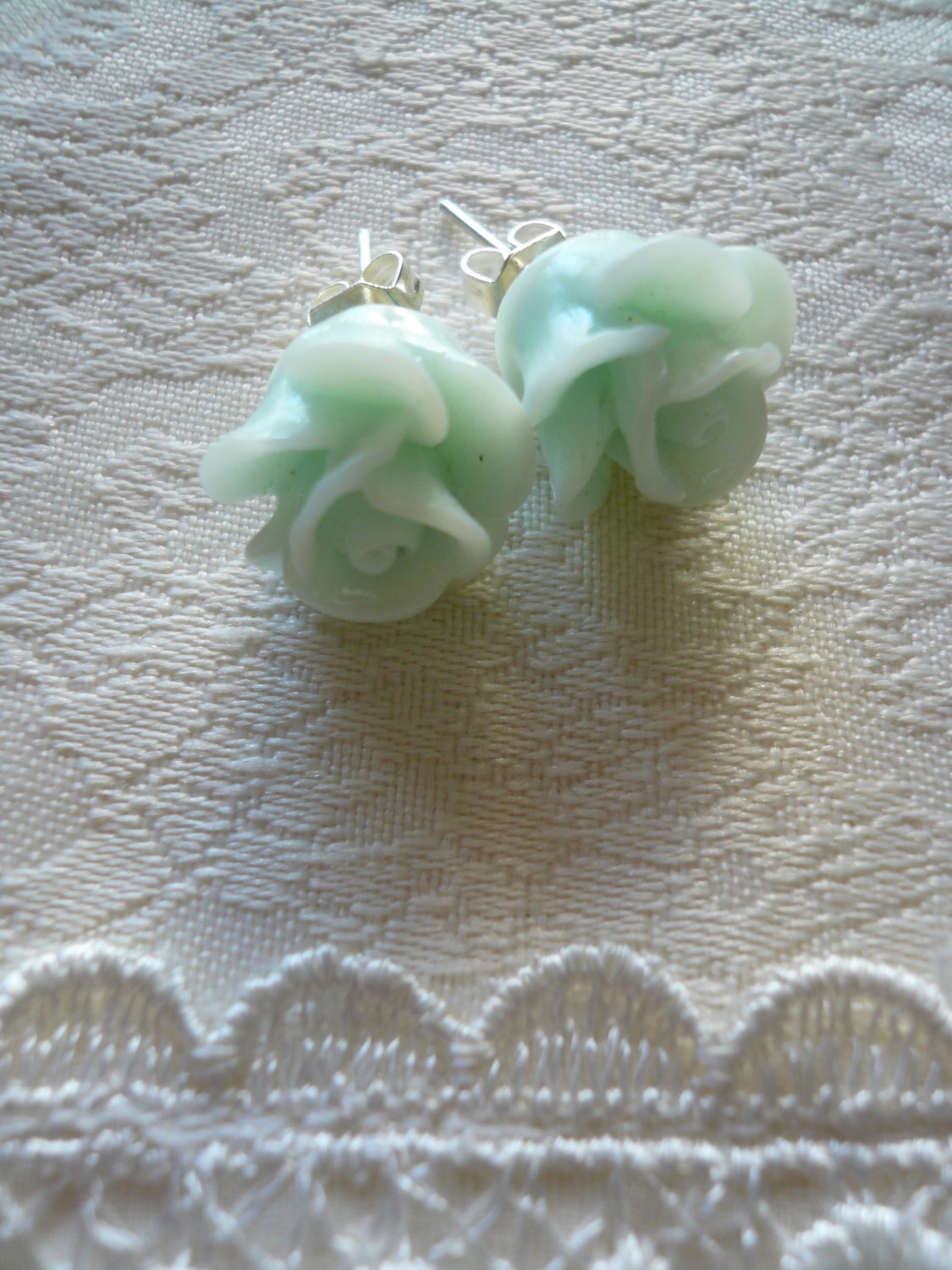 Celadon Green Rose Flower Post Stud Earrings