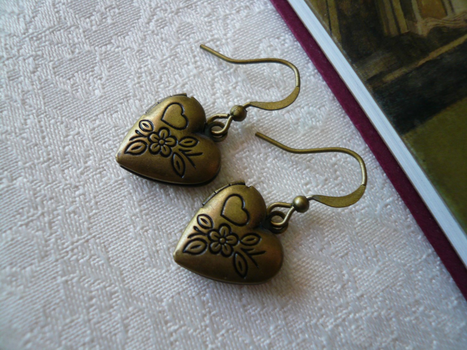 Flower Heart Locket Brass Earrings