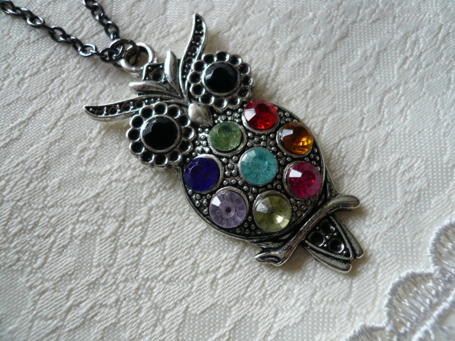 Colorful Owl Long Gunmetal Necklace