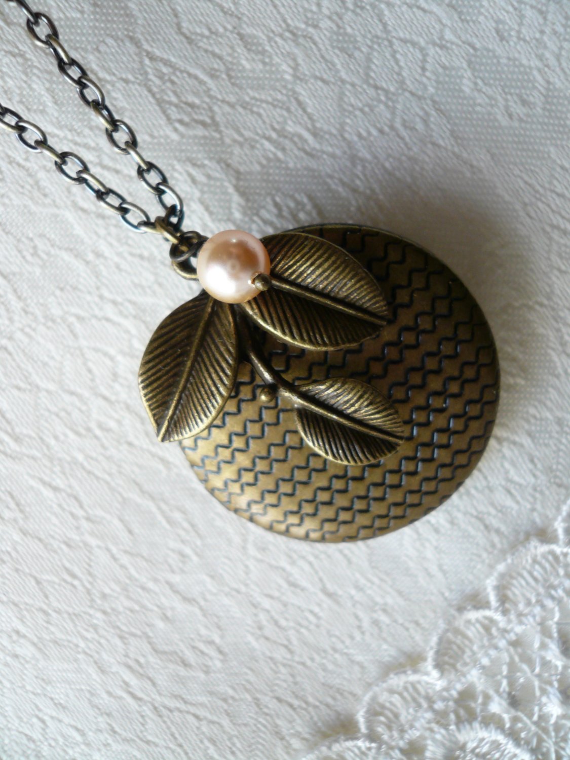 PEACH Brass Foliage Round Locket Long Necklace