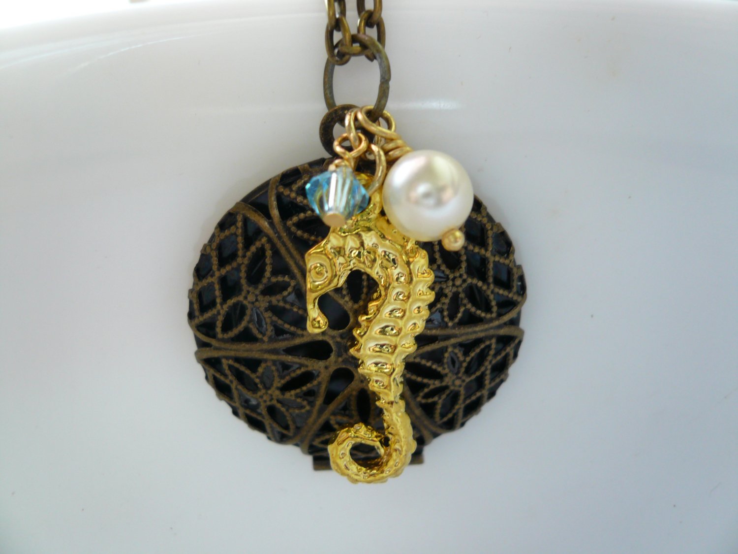 Gold Seahorse Filigree Locket Necklace