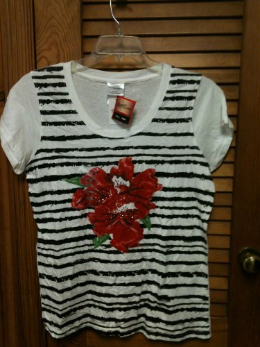 Morning Glory  White Decorated Tee Floral Graphic Print Sequins -NWT Medium