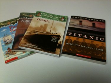 Set of 4 - 3 Magic Tree House - 1 Scholastic Titanic - Pirates, Mummies, Titanic
