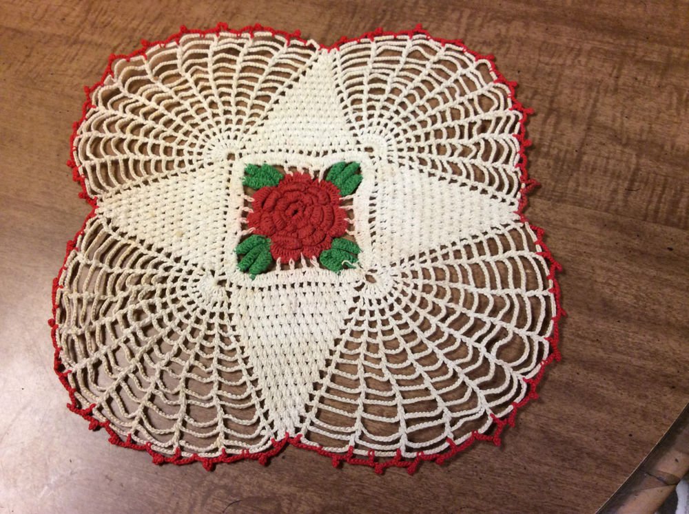 Vintage Hand Crocheted White with Red Flower, Green Leaves Dollie Doily w/Red Edges