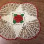 Vintage Hand Crocheted White with Red Flower, Green Leaves Dollie Doily w/Red Edges