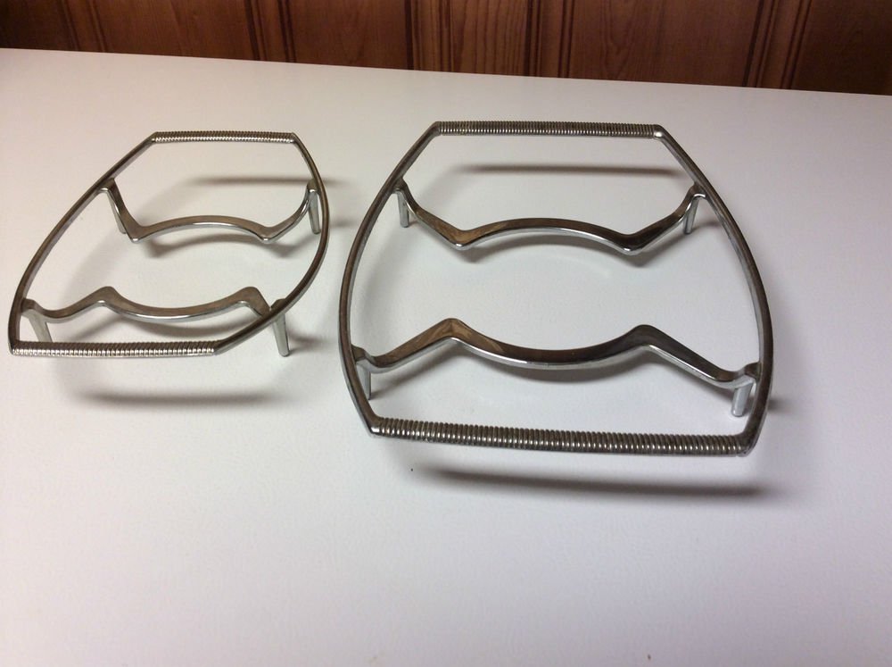 2 Vintage CORNING WARE silver metal casserole dish holders trivets racks retro