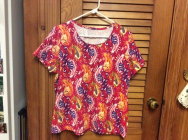 Kim Rogers XL Vibrant Paisley Print Round Neck S/S Cotton/Spandex Blend Top