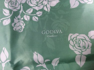 Vintage GODIVA CHOCOLATIER Green Cream Rose Design Silky Polyester Scarf