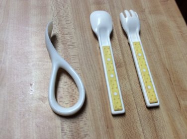 Vintage Plastic Melamine Baby Fork and Spoon Set, Easy Grip Spoon