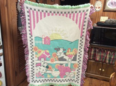 Farm Life Cow Rooster Sheep Cat Duck Reversible Heavy Cotton Afghan Throw