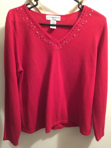 Sag Harbor Red V-Neck Embellished Long Sleeve Sweater PL