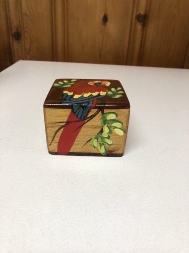 Haitian Folk Art Hand Painted Parrot Bird Wooden Colorful Trinket Box