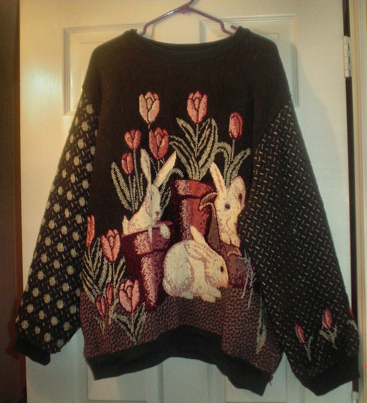 SOLD Spring & Easter Rabbits & Tulips Women's Green Tapestry Sweater