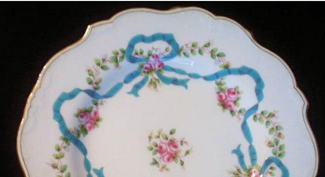 SOLD Antique Minton Plates Blue Ribbons & Roses Pattern Set of 2