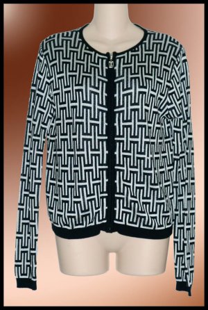 Halston Lifestyle Black & White Logo Cardigan Sweater M