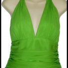 New NWT $310 Carmen Marc Valvo Collection Green Silk  Ruched Halter Top 10 L