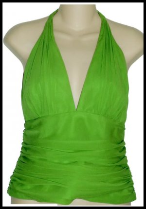 New NWT $310 Carmen Marc Valvo Collection Green Silk  Ruched Halter Top 10 L