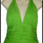 New NWT $310 Carmen Marc Valvo Collection Green Silk  Ruched Halter Top 10 L