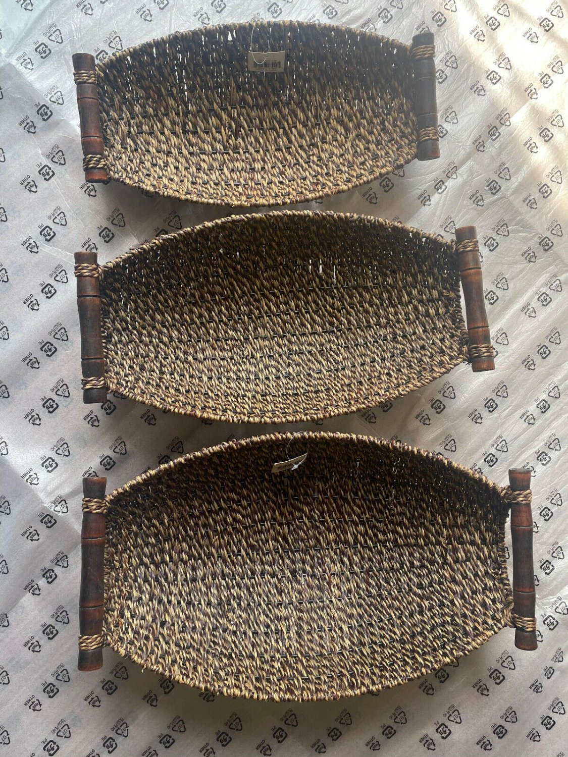 3 Boat Shape Wicker Baskets Wrapped Edges Canoe Knitting 19", 17.5" & 15.5"