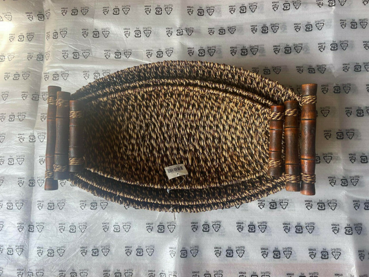 3 Boat Shape Wicker Baskets Wrapped Edges Canoe Knitting 19", 17.5" & 15.5"