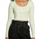 BP Women's Lettuce Edge Long Sleeve Knit Crop Henley Top Lime Green- XLarge