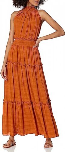 Just Taylor Smocked Spiced Orange Maxi Halter Dress-Size 2 NWT