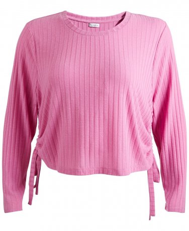 LOVE FIRE Womens Pink Stretch Ribbed Long Sleeve Crew Neck Top- Plus Size 2X