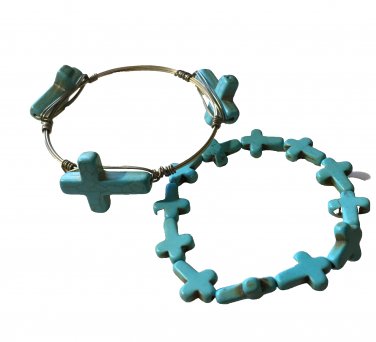 Faux Turquoise Blue Stone Crosses Bracelets-Lot Of 2