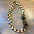 Vintage Two Strand Black,Cream,& Goldtone Bead Necklace