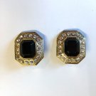 Vintage Black Caboshon And Rhinestone Clip-On Goldtone Earrings