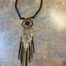 Black & Goldtone Filigree Pendant Chain Tassel Necklace