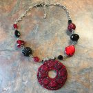 Vintage Red and Black Bead Necklace With Red Disc Pendant