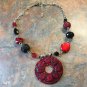 Vintage Red and Black Bead Necklace With Red Disc Pendant