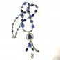 Vintage Blue Bead Silvertone Pendant Seed Bead Necklace