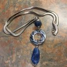 Silvertone Herringbone Chain Necklace With Blue Bead Pendant