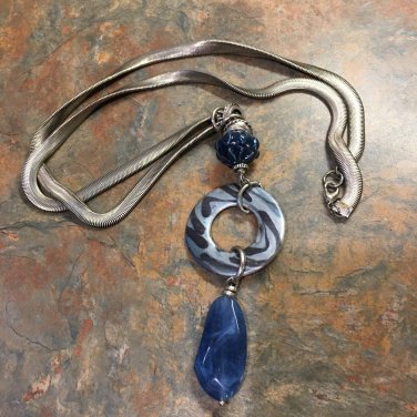 Silvertone Herringbone Chain Necklace With Blue Bead Pendant