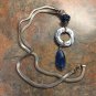 Silvertone Herringbone Chain Necklace With Blue Bead Pendant