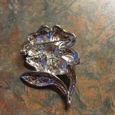 Vintage Silvertone Rhinestone Flower Brooch Pin
