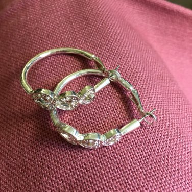 Silvertone Three Heart Rhinestone Hoop Earrings