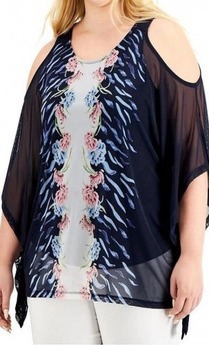 JM Collection Womens Navy Blue Zen Floral Top Mesh Cold Shoulder 3/4 Sleeve - 1X