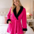 Betsey Johnson Intimates Hot Pink Velour Faux Fur Trim Wrap Robe-Size Large NWT