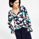 Bar III Women's Navy Multicolor Floral Long Sleeve Blouse Top- Medium,NWT