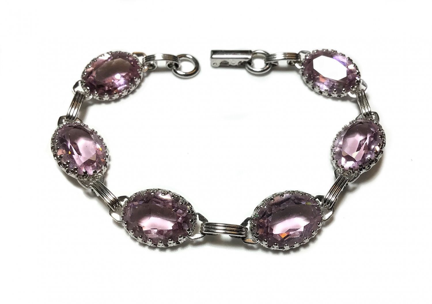 1960s Sterling Silver Lilac Glass Link Bracelet