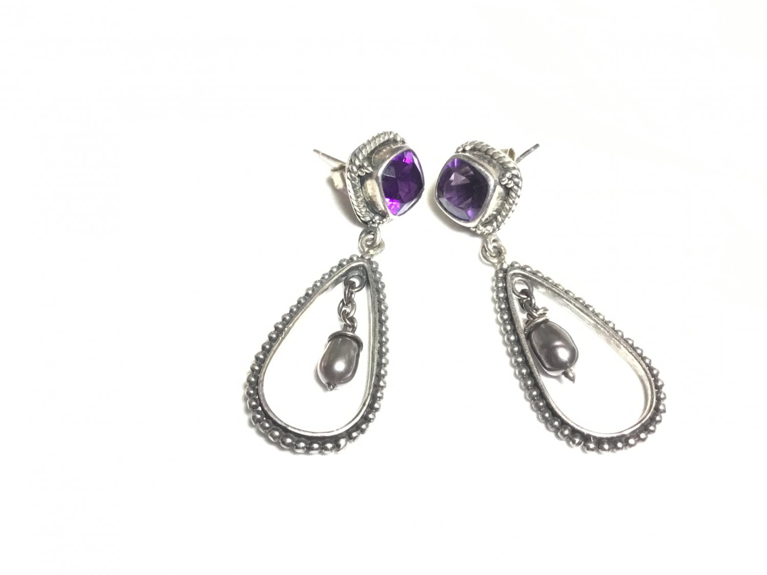 Excellent Purple Amethyst & Lilac Freshwater Pearl Sterling Silver Drop Earrings