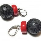 Sterling Silver, Large Bead  Black & Red Corsl Drop Earrings
