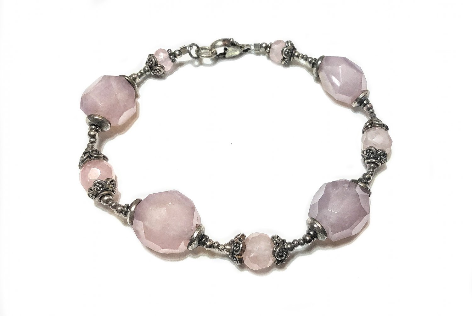 Pink Opalescent Glass Beads & Sterling Silver Bracelet