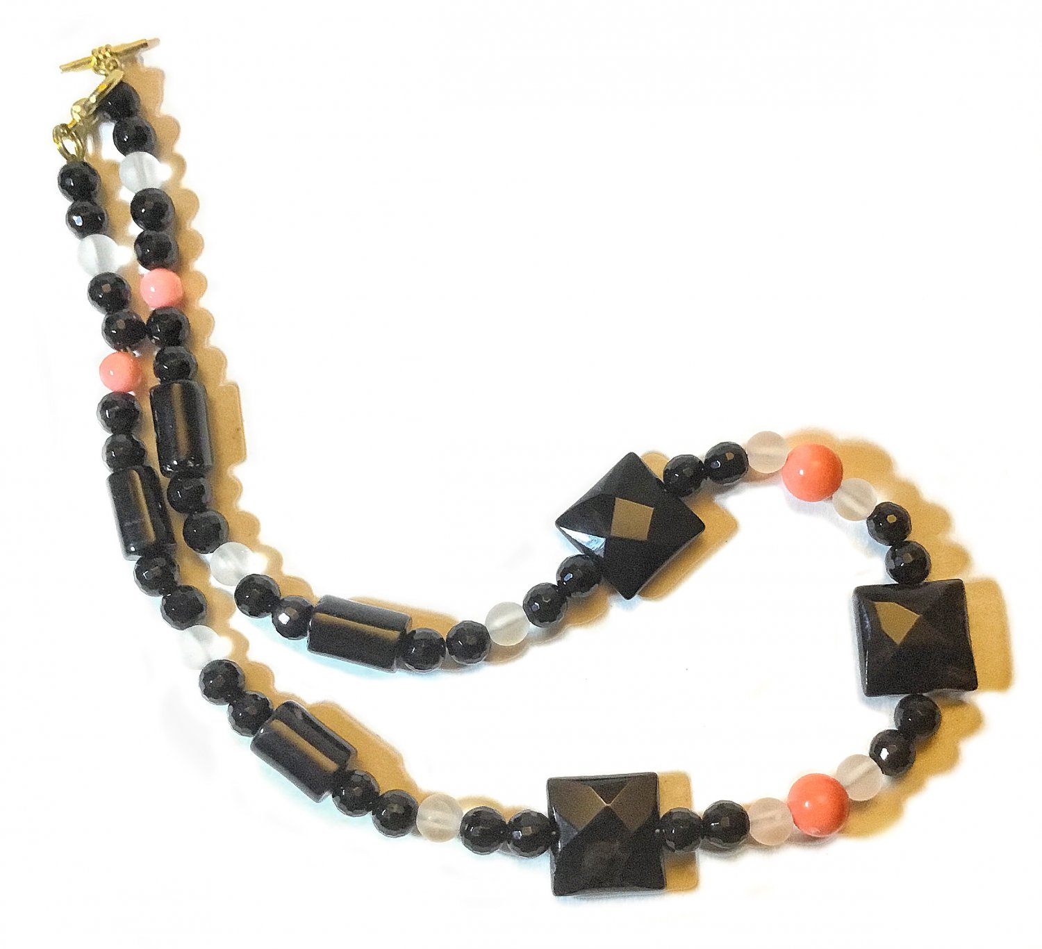 Art Deco Black Onyx, Rock Crystal & Pink Coral Necklace