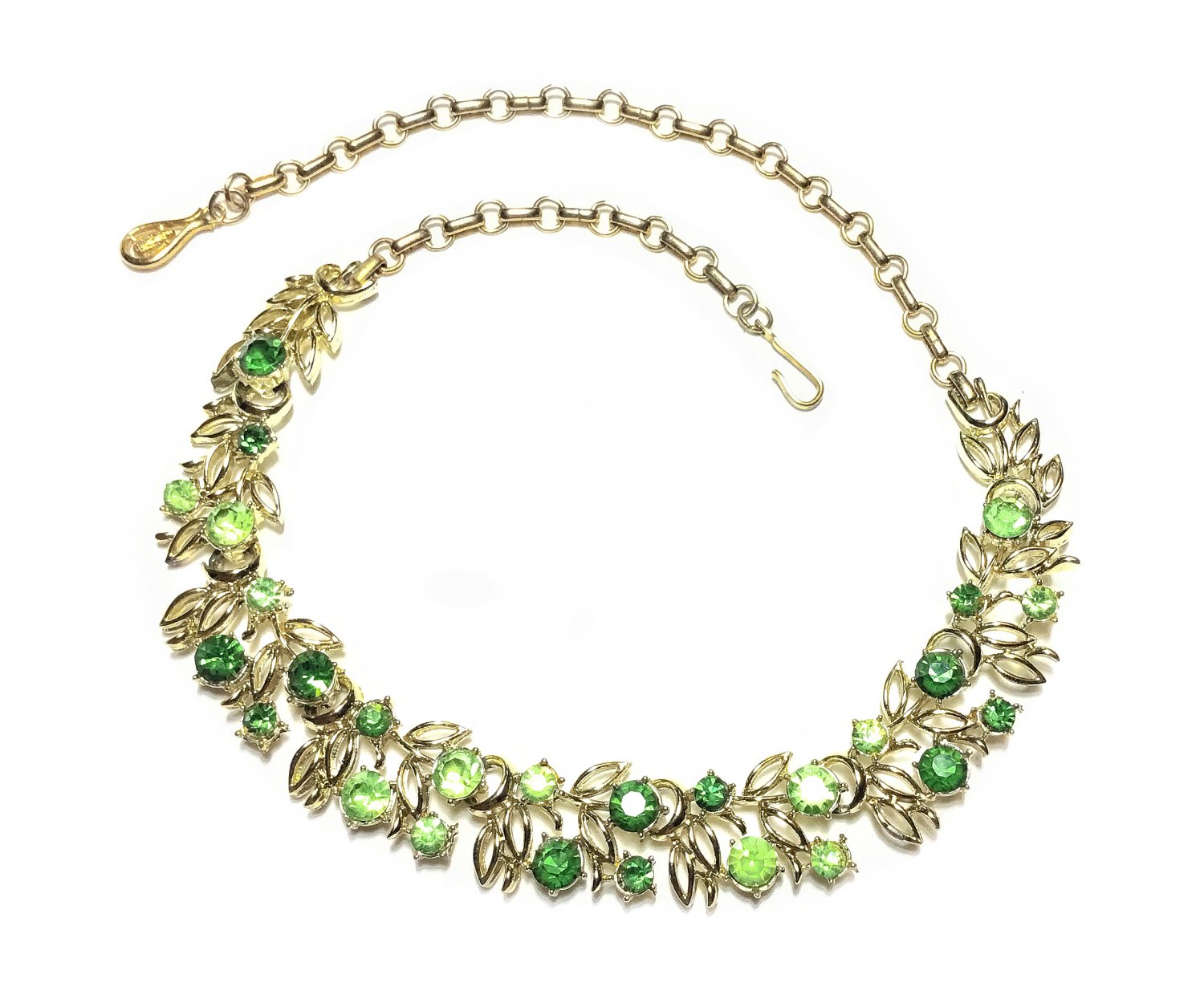 1950s Signed Coro  wide Goldtone Leafy Choker with Green Rhinestones